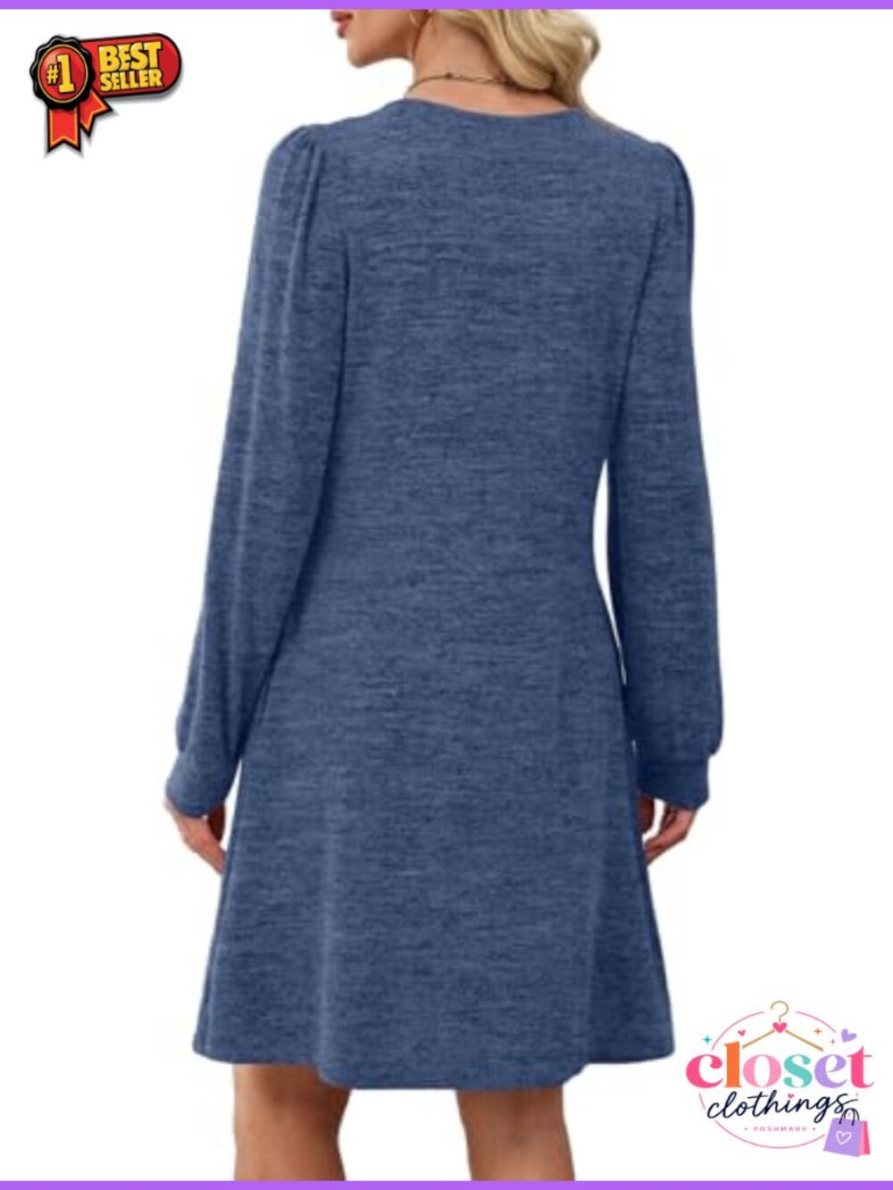 OFEEFAN Women's Long Sleeve Babydoll Sweater Dress Pleated Crew Neck with - Picture 4 of 4